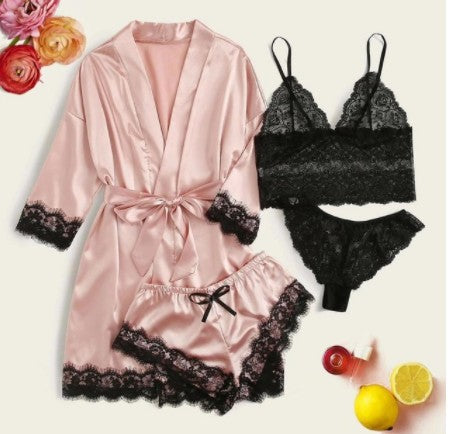 Women' Silk Satin Pajamas Set 4pcs Lingerie Floral Lace Cami Sleepwear with Robe