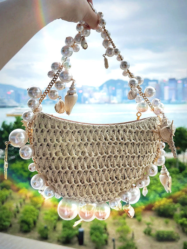 Lydia Pearl Chain Straw Beach Bag